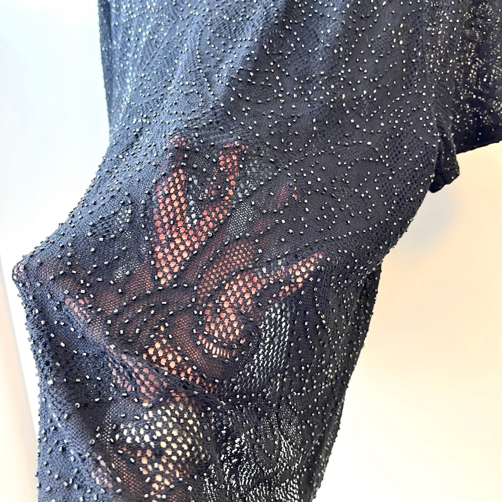Vintage Dana Buchman Black Beaded Open Knit Top Sheer Sparkle Evening Wear L/XL - Picture 10 of 13
